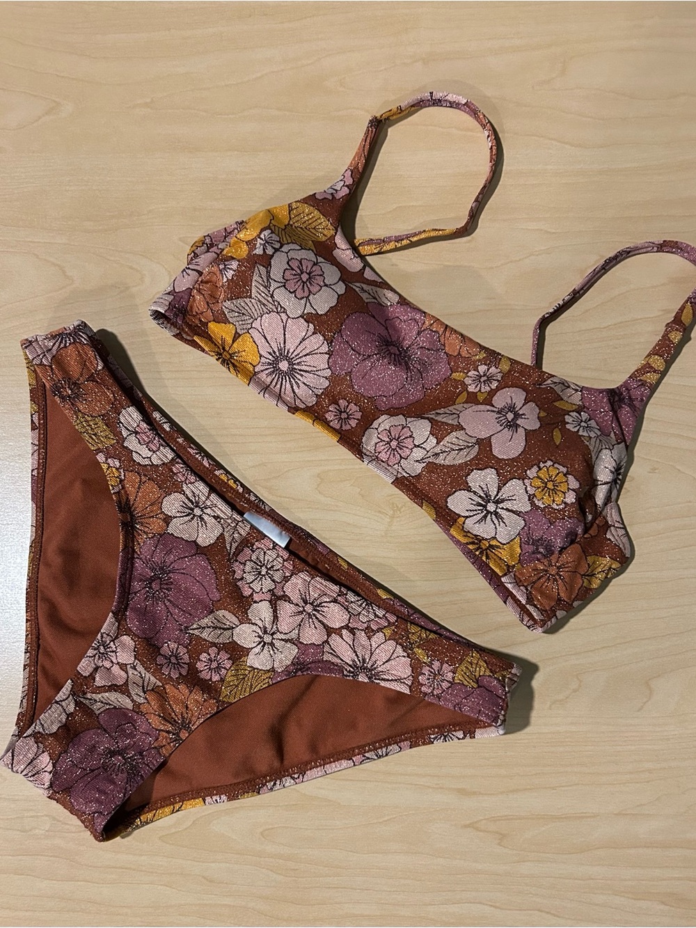 Xhilaration Floral Two-Piece Bikini in Rust, Pale Pink, Yellow